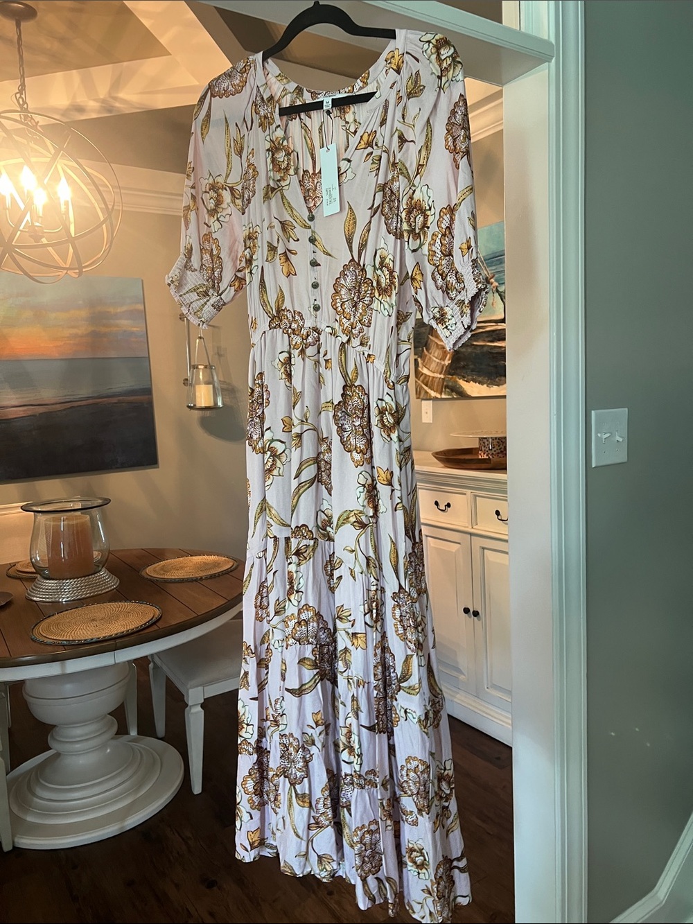 BB Dakota White Floral Maxi Dress with Gold and Brown Accents